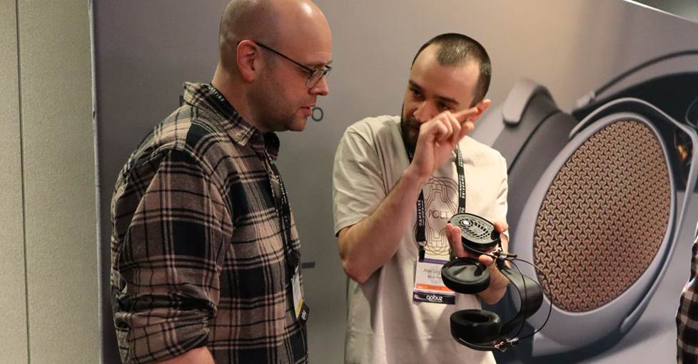 Jeff talking with Alex Grigoras at the Meze Audio booth