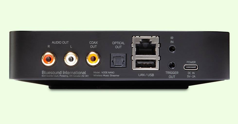 Bluesound NODE NANO music streamer back view showing connections