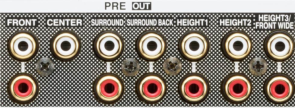 13-channel preamp outputs on the back of a home theater receiver