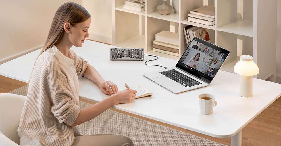KEF Muo portable Bluetooth speaker used as speakerphone
