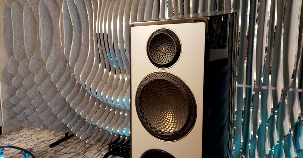The Paradigm listening room with in interesting acoustic panel