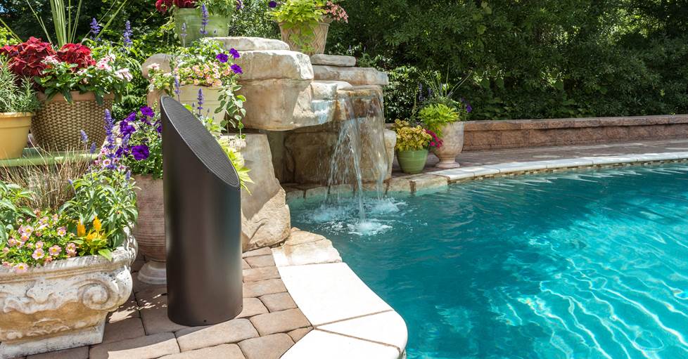 outdoor bollard speaker by pool