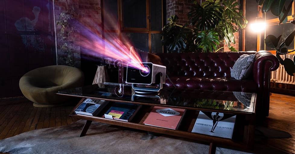 Leica Cine Play 1 portable projector in an indoor setting
