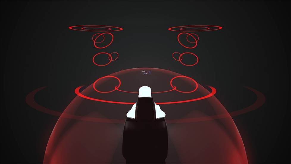 illustration of Atmos experience showing virtual sound sources as red lines
