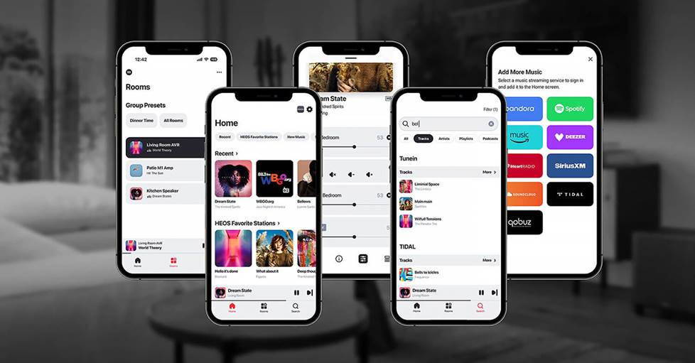 HEOS app screenshots showing multi-room sound options