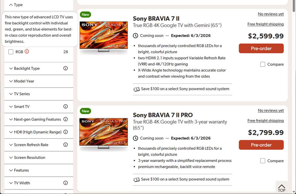 screenshot of Crutchfield tv sorting options