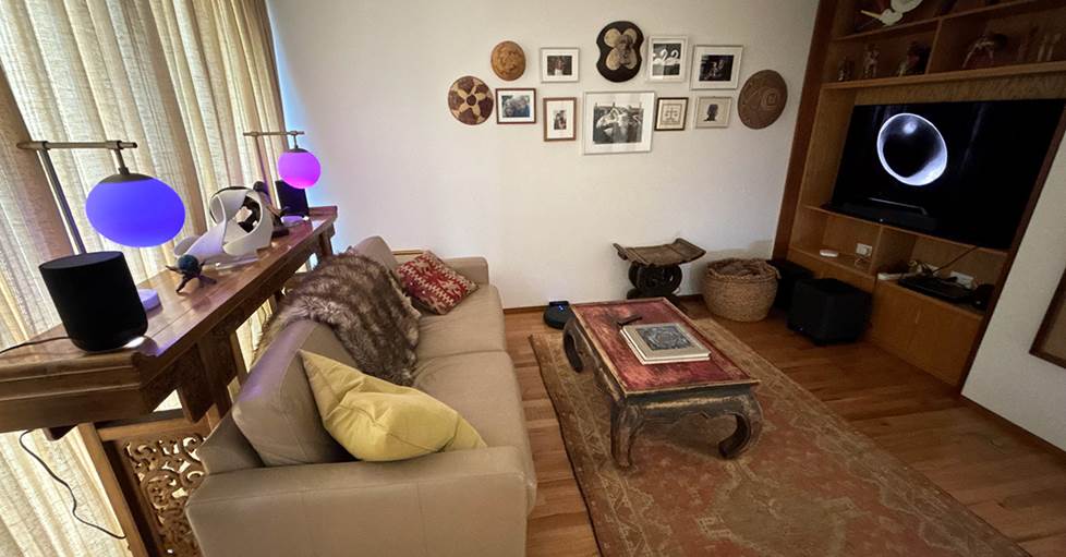 Denon Home 200 pair, Subwoofer, and 550 sound bar in a wireless surround sound setup.