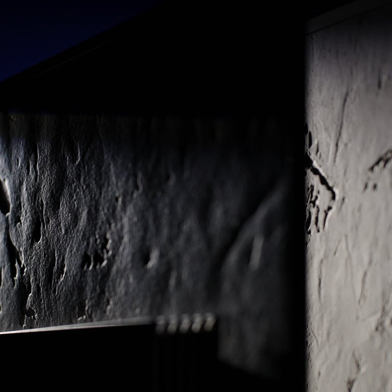 Close-up concrete and lava texture images display the back of the TV