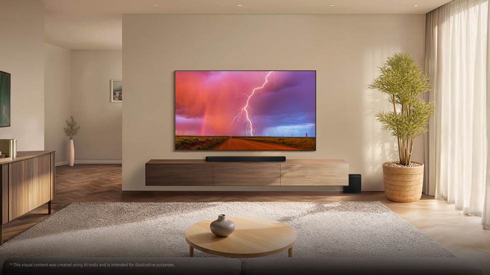 A wall-mounted TV, showing a dramatic landscape (Colorado) with blue and red sky and a lightning bolt