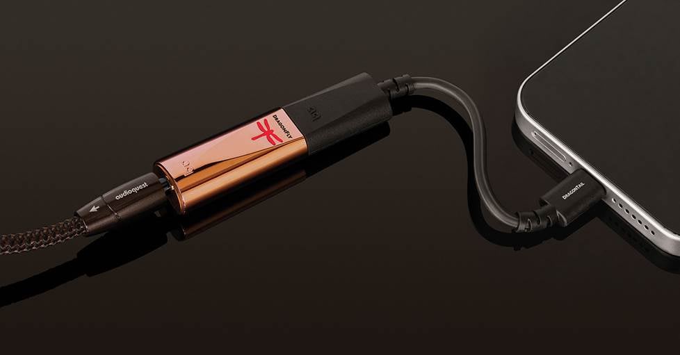 AudioQuest DragonFly Copper USB DAC/headphone amp connected to a phone