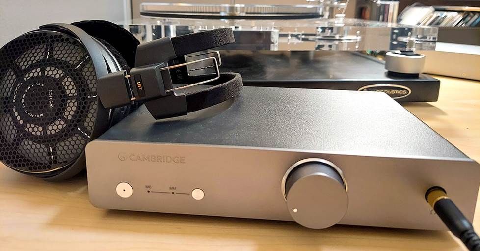 Cambridge Audio Alva Duo headphone amp/phono preamp shown with Audio-Technica headphones
