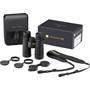 Nikon Monarch HG 8x42 Binoculars Shown with included travel case, adjustable strap, and lens covers.