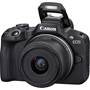 Canon EOS R50 Standard Zoom Kit Angled left view with lens and built-in flash extended