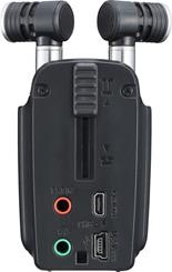 The Zoom Q4n's retractable stereo microphones can be deployed in a wide A/B configuration (seen here) or a more focused X/Y configuration.