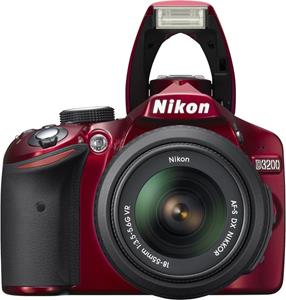 Nikon D3200 facing front with flash deployed