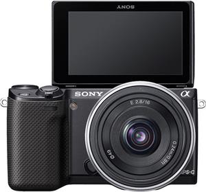 The Sony Alpha NEX-5R, with touchscreen flipped 180 degrees for self-portraits
