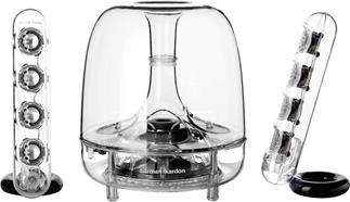 Elegant design meets high-tech sound in the Harman Kardon Soundsticks Wireless speaker system.