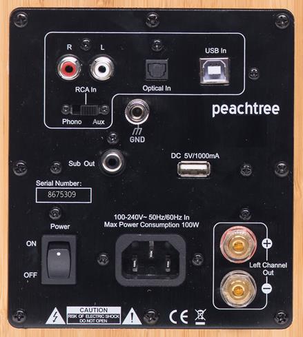 Back panel of Peachtree Audio M24 powered stereo speaker (right)