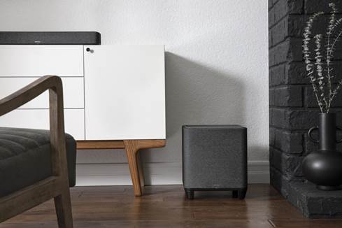 Denon Home Sound Bar 550 powered sound bar, Denon Home Subwoofer, and Denon Home 150 speakers