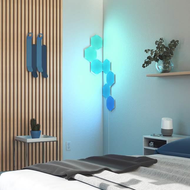 Nanoleaf Shapes Hexagon Smarter kit in corner of bedroom