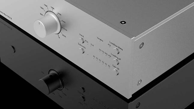 Close-up view of front panel of Pro-Ject DS3 B phono preamp