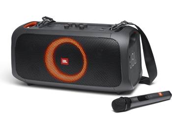 on a JBL PartyBox On-The-Go portable Bluetooth&reg; speaker with light display and wireless mic
