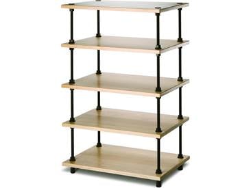 A five-tier wooden storage rack with light wood shelves and black metal supports