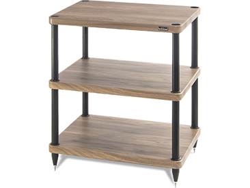 Solidsteel S3-3 walnut wood shelf unit with three shelves and black supports