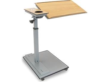 WiseLift standing desk with wood top and gray steel frame on a wheeled base