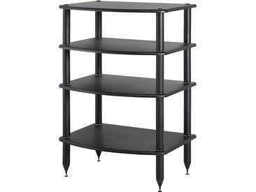 Black multi-tier audio rack with four shelves and posts
