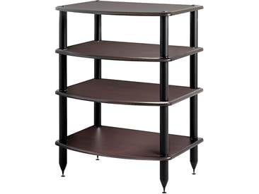 Pangea Vulcan Audio Rack with four shelves and espresso wood tone, black posts