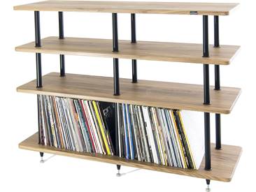 Solidsteel VL-4 walnut shelving unit with multiple shelves and vinyl records on the bottom shelf
