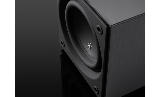 JL Audio Dominion™ d110 Angled view with grille off (Black Ash)