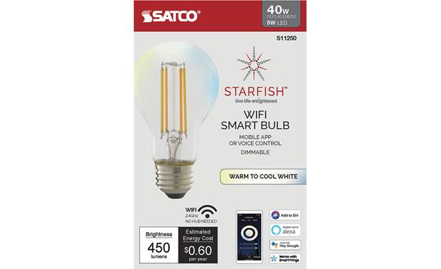 Alexa SmartThings 2700K-5000K Clear 450 Lumens Google Assistant Works with Siri Tunable White 5 Watts Satco Starfish S11250 A19 WiFi Smart LED Light Bulb 