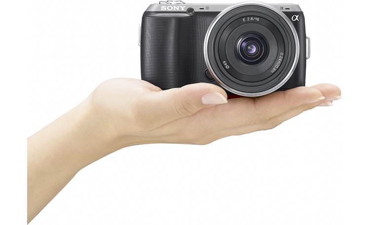 Sony Alpha NEXC3A Front view, relative to hand