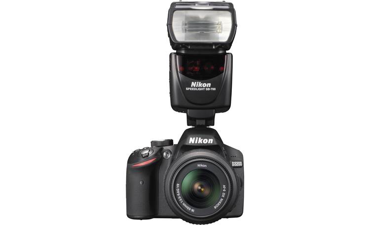 Nikon D3200 Kit Front, straight-on, with external flash unit attached (not included)