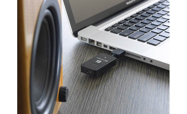 Audioengine W3 Sender connected to laptop computer USB port