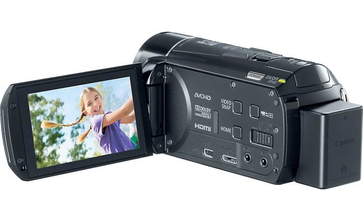 Canon VIXIA HF M500 Back, left, 3/4 angle, LCD display extended
