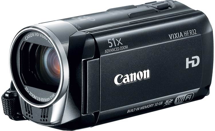 Canon VIXIA HF R32 Front, left-side, 3/4 view, LCD display in-place