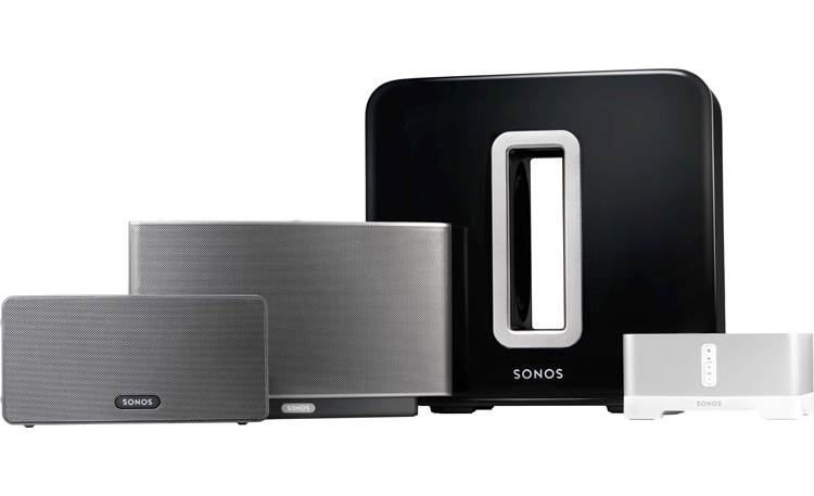 Sonos SUB Shown with the Sonos family of music players