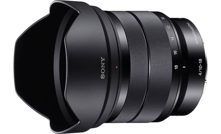 Sony SEL1018 10-18mm f/4 Angled view, with lens hood