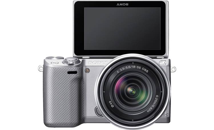 Sony Alpha NEX-5R with 3X Zoom Lens Front, straight-on, with touchscreen display flipped 180 degrees for self-portraits