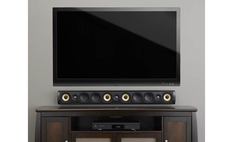 PSB Imagine W3 Pictured wall mounted with flat-panel TV (grille removed)