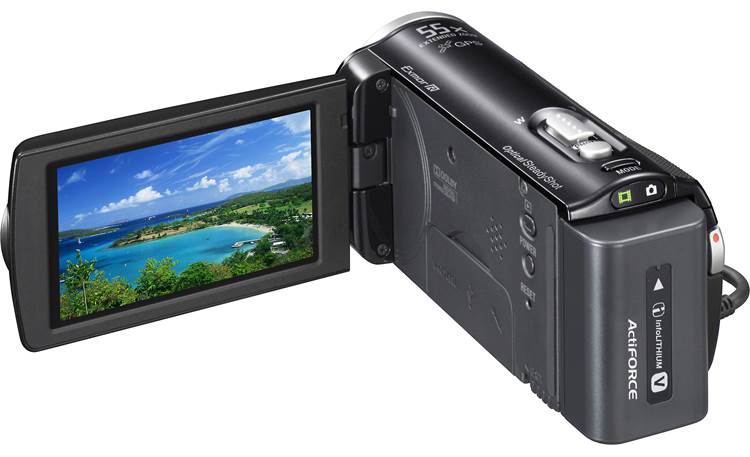 Sony Handycam® HDR-CX260V Back, 3/4 view, with LCD display flipped out