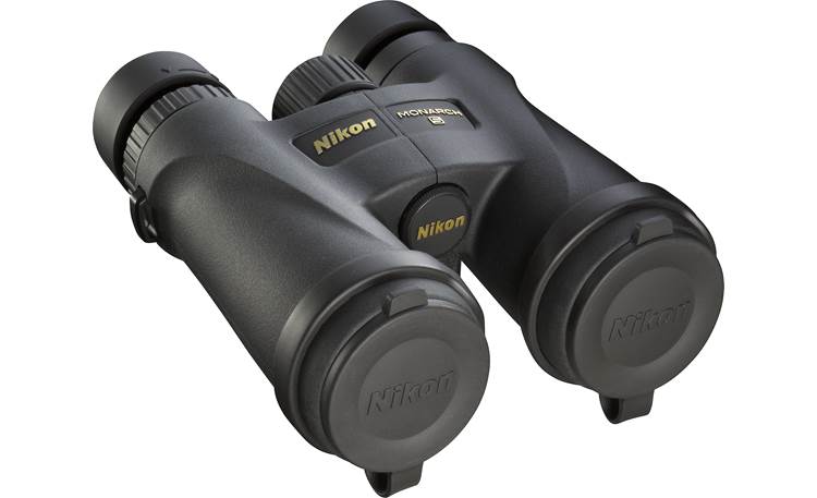 Nikon Monarch 5 12x42 Binoculars Front, 3/4 view, with flip-up lens objective caps in place