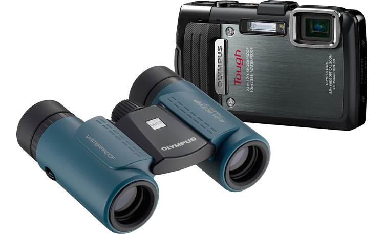 Olympus TG-830 with 8 x 21 RC II Waterproof Binoculars Front (Blue binoculars)