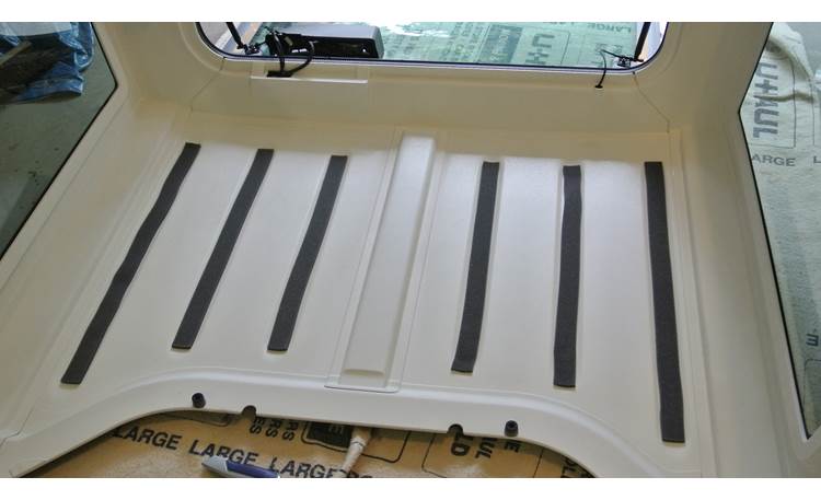 Boom Mat Sound Deadening Headliner Kit Boom Mat adhesive strips in 2012 Jeep Wrangler hard-top headliner