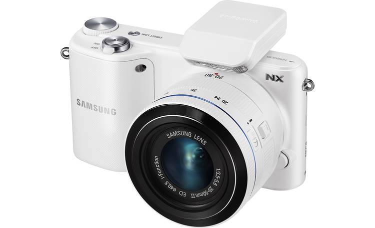 Samsung NX2000 Smart Camera with 2.5X Zoom Lens Kit 3/4 view from front right, with included flash unit