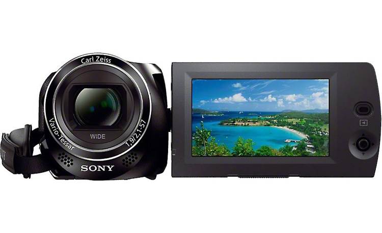 Sony Handycam® HDR-PJ230 Front, straight-on, with LCD display flipped 180 degrees for self-portraits