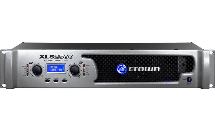 Crown XLS 2500 The front panel offers gain controls for each channel, LED indicators, an LCD screen with three menu buttons, and the power switch.